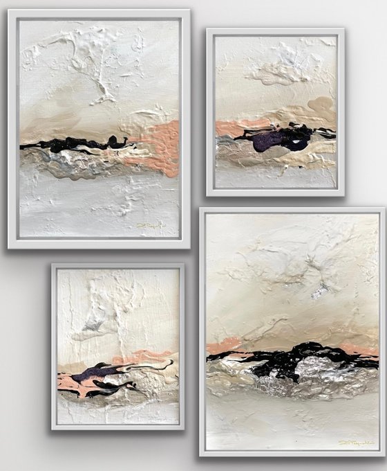 Poetic Landscape - Peach , White, Black - Composition 4 paintings framed - Wall Art Ready to hang