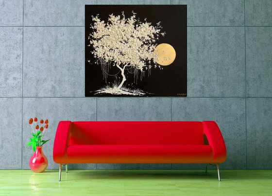 35.5” Blooming White Tree / Large Mixed Media Painting