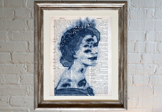 Queen Elizabeth II - The Eyes Of Queen - Collage Art on Large Real English Dictionary Vintage Book Page