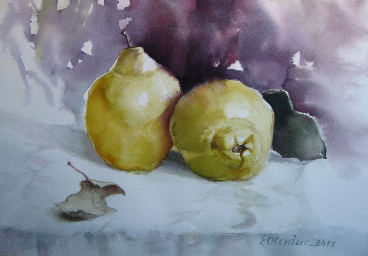 Impressionistic Still Life Watercolour By Elena Oleniuc, 16 X 11, Quinces, Autumn Fruits, Original Artwork