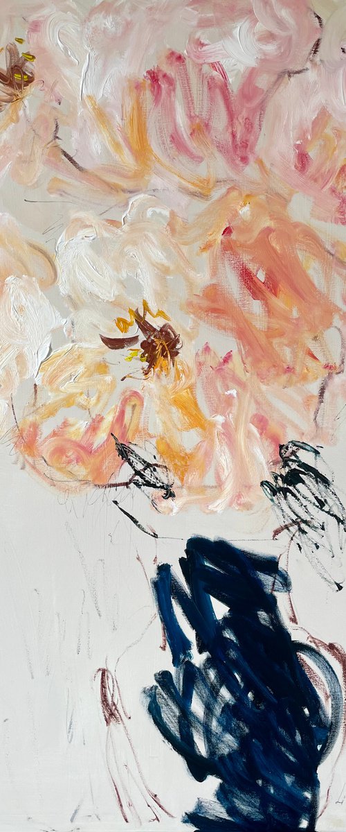 Peonies in a blue vase. by Lilia Orlova-Holmes