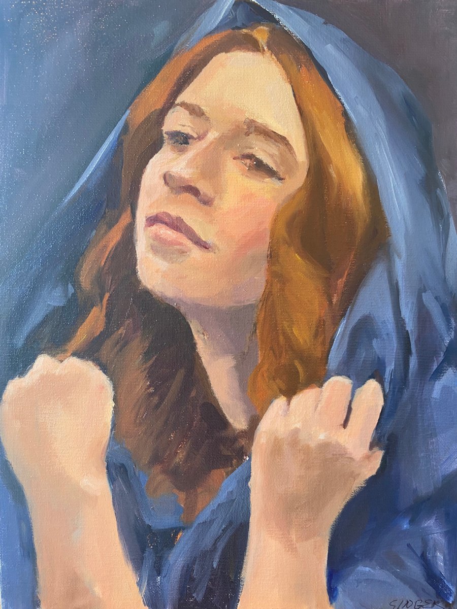 Oil Painting , Study Of Meredith In Blue Veil By Leslie Singer, 12 X 15, Artwork For Sale On Artfinder
