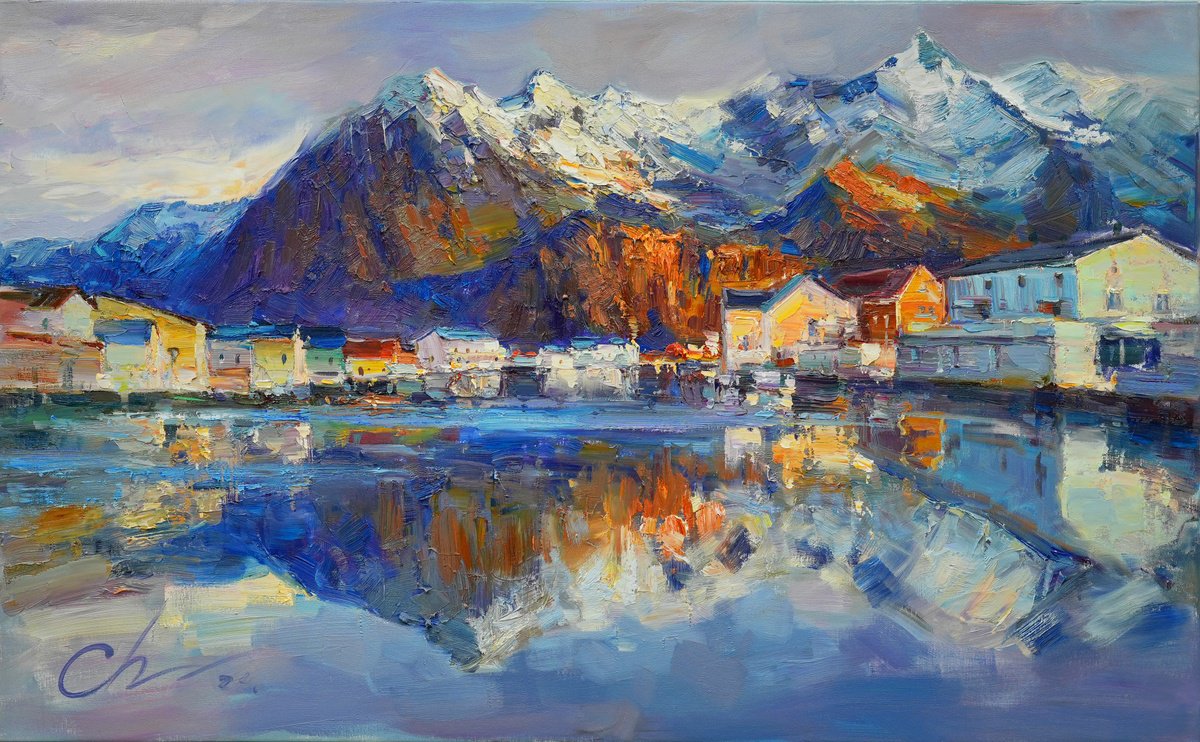 Impressionistic Cityscapes Oil Painting By Serhii Cherniakovskyi, 35 X 22", Dance Of Water And Mountains, Original Artwork