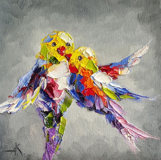 Flying in the gray sky - painting on canvas, animals oil painting, art bird, Impressionism, palette knife, gift.