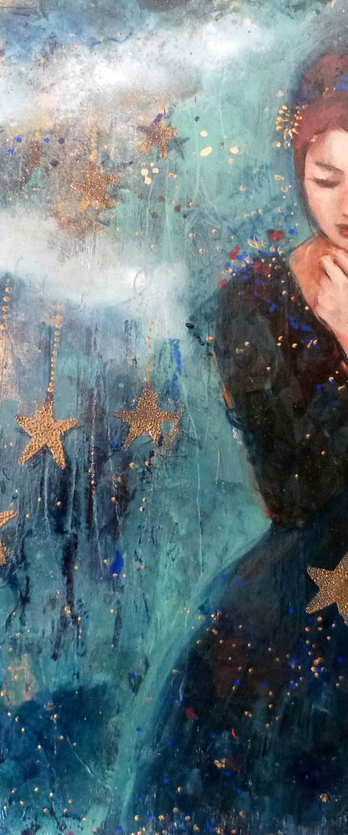 My lucky star. Portrait of a thoughtful woman on a wooden panel 30 x 30 cm. by Loetitia Pillault