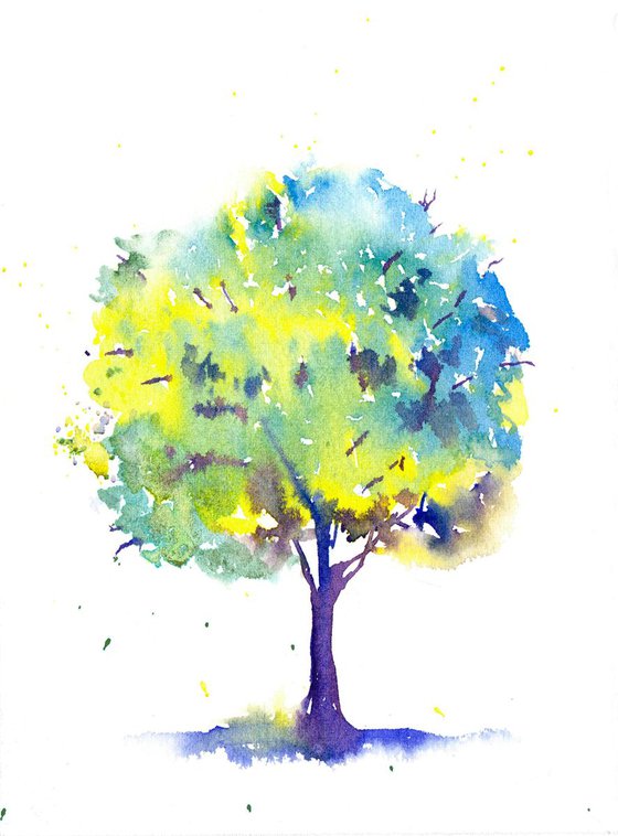 Rainbow Tree Summer - Original Watercolour Painting, Contemporary Summer Landscape, Loose watercolor, vibrant cheerful art