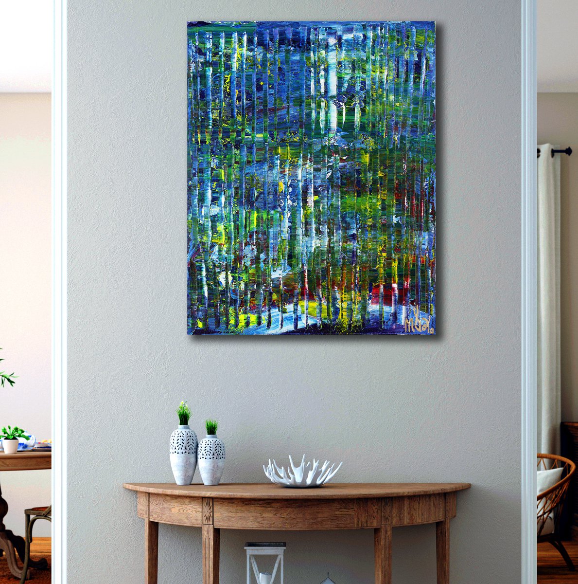 Abstract Acrylic Painting By Nestor Toro, 16 X 20", Water And Forest, Original Artwork