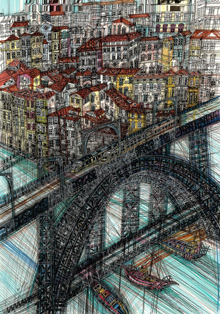 Impressionistic Cityscapes Drawing By Maria Susarenko, 35 X 46", Porto. Ponte De D.loui?s, Original Artwork