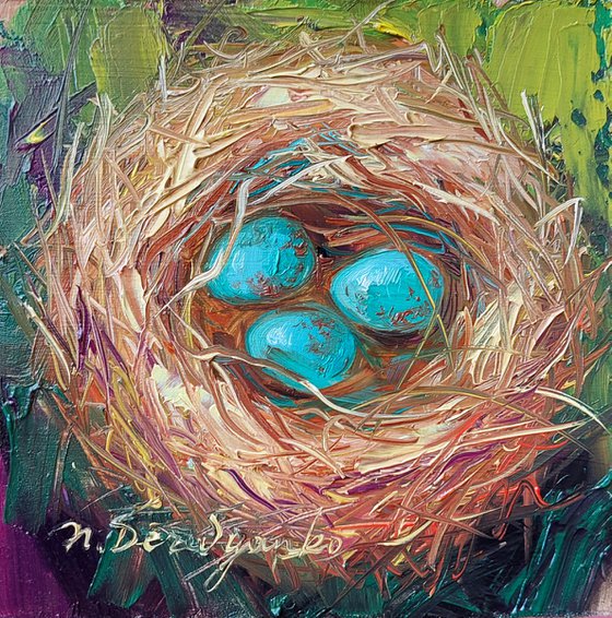 Nest oil painting original 4x4 in frame, Blue bird eggs miniature oil painting wall art framed, Small painting Mom day gift