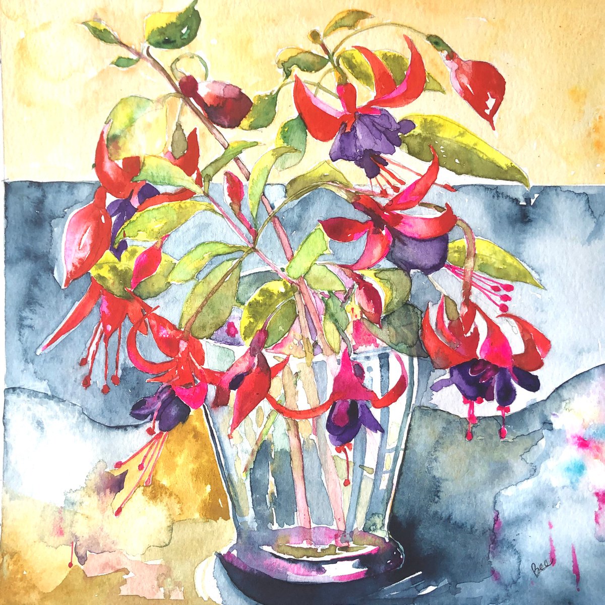 Fuchsias in a glass vase by Bee Inch
