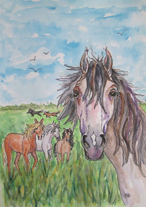 Happy Wild Horses in Nature by MARJANSART
