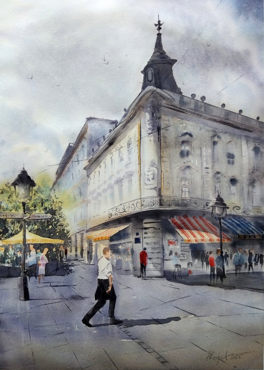 Impressionistic Cityscapes Watercolour By Nenad Kojic, 22 X 30", Corner At Knez Mihajlova, Original Artwork
