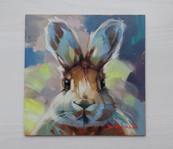 Funny rabbit oil painting original art 6x6, Pet portrait, Rabbit illustration ready to ship, Nursery wall art rabbit lover gift Christmas