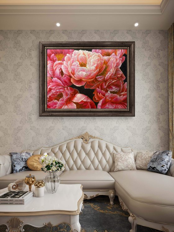 Red peonies on dark background