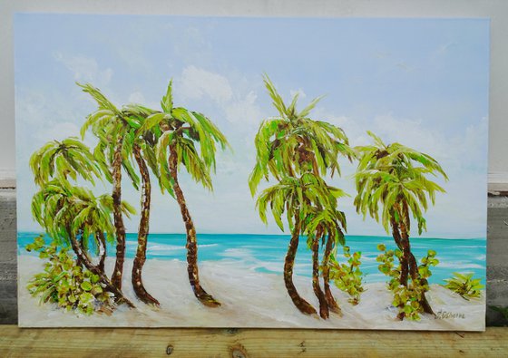 Large Abstract Seascape Painting. Palm trees. Beach, ocean, waves, sky with clouds, sailboats, sailing, yacht.