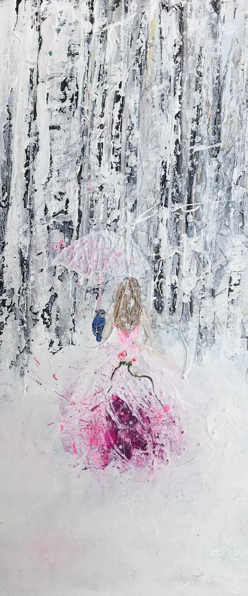 "Storm" girl with umbrella and bird in snow forest winter by Henrieta Angel