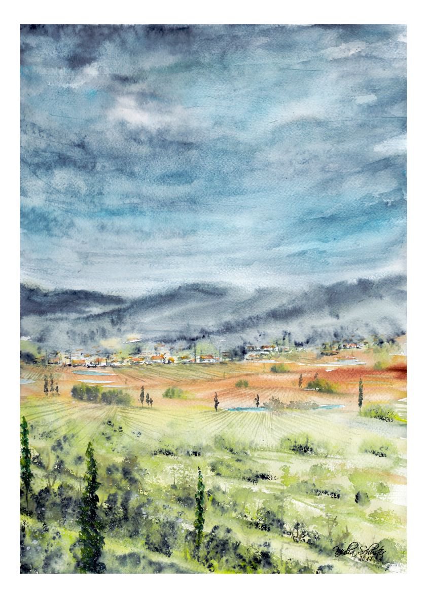 Impressionistic Landscape Watercolour By Yulia Schuster, 13 X 19", My Fields 2., Original Artwork