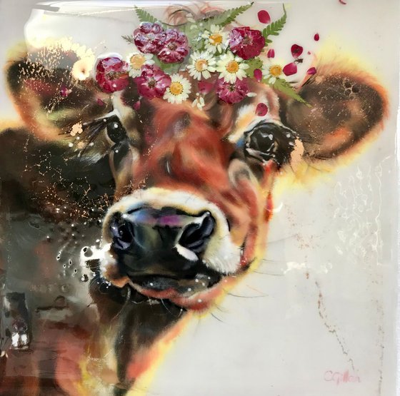 Winterberry, Cow,  original oil painting, flowers, resin, 3D 14x14"