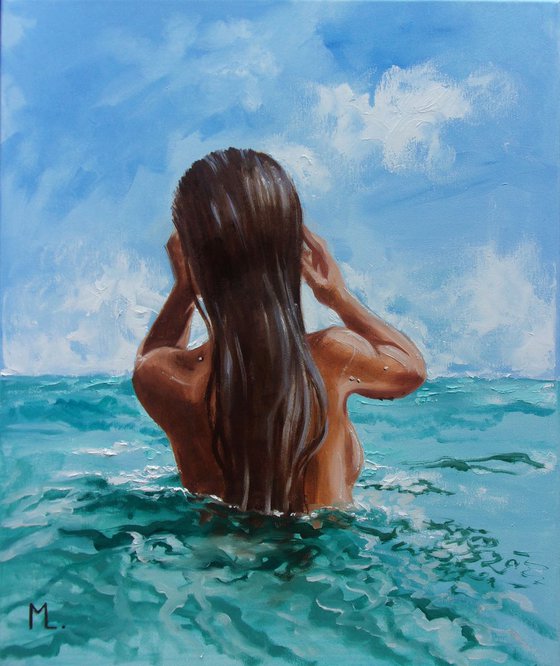 " BLUE SKY ... " original painting SEA summer GIFT sea swimming