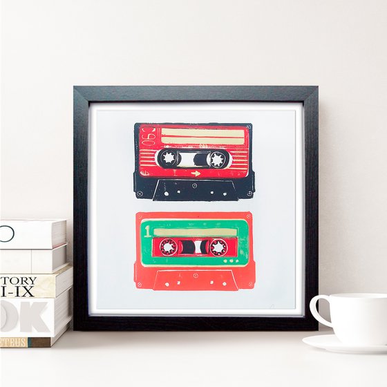 Linocut tapes duo #3 (cassette tapes, retro music, 70's, 80's rock culture)