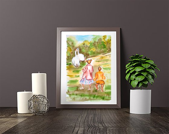 Sisters Painting Kid Original Art Girls and Gooses Small Watercolor Artwork 8 by 12 inches