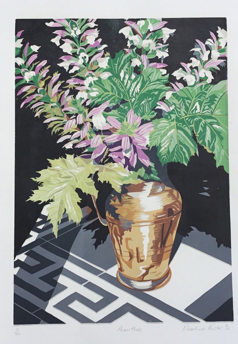 Botanical Linocut By Rosalind Forster, 19 X 26", Acanthus, Original Artwork
