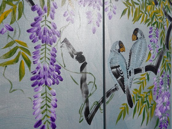 Japanese lilac wisteria and love birds J359 - large emerald silver triptych, original art, japanese style paintings by artist Ksavera