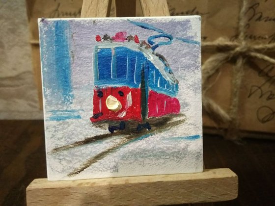 Red old streetcar miniature painting