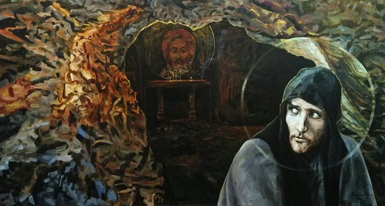 The omen - extra large oil painting inspired by Andrey Rublev figure orthodox