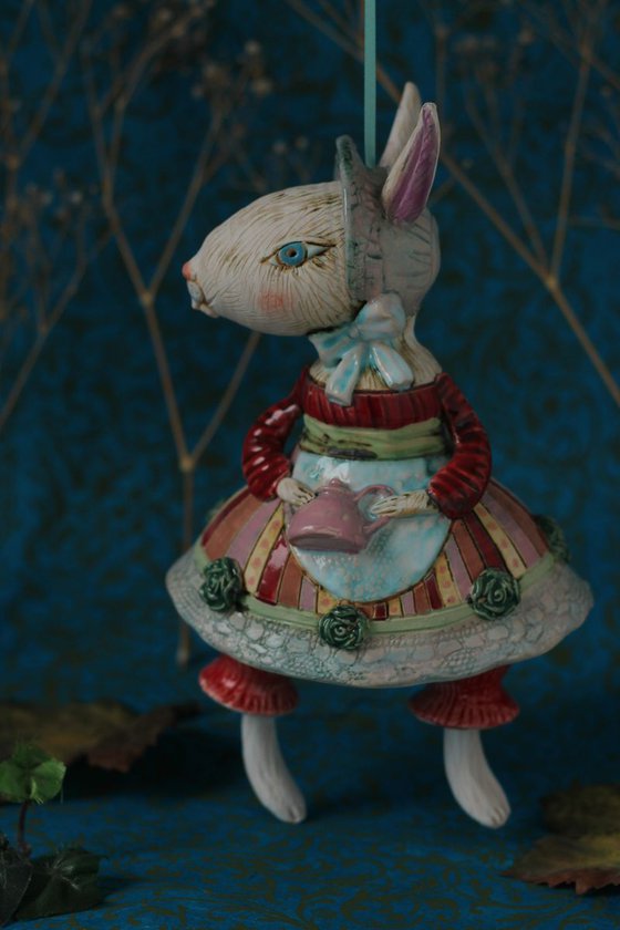 Rabbit mom, hanging sculpture, bell doll by Elya Yalonetski