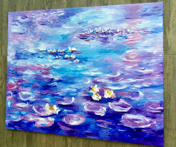 Water Lilies  (81x 66 cm ) inspired by Claude Monet  sunrise in a garden in purple, turquoise, blue sky