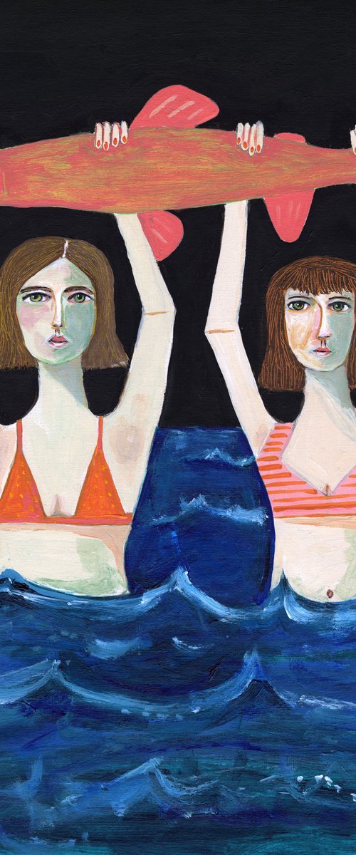 Swimming Girls with Big Pink Fish by Sharyn Bursic