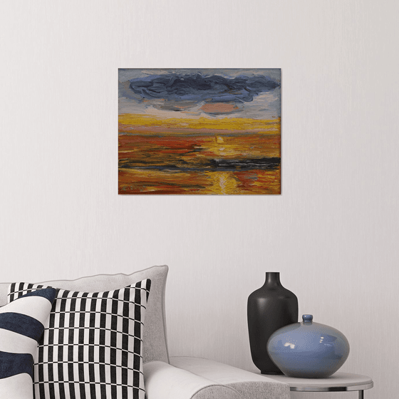 SUNRISE - Landscape art, seascape, skyscape, ocean, beach, sun over the ocean ray light, original oil painting, summer, nature, home decor