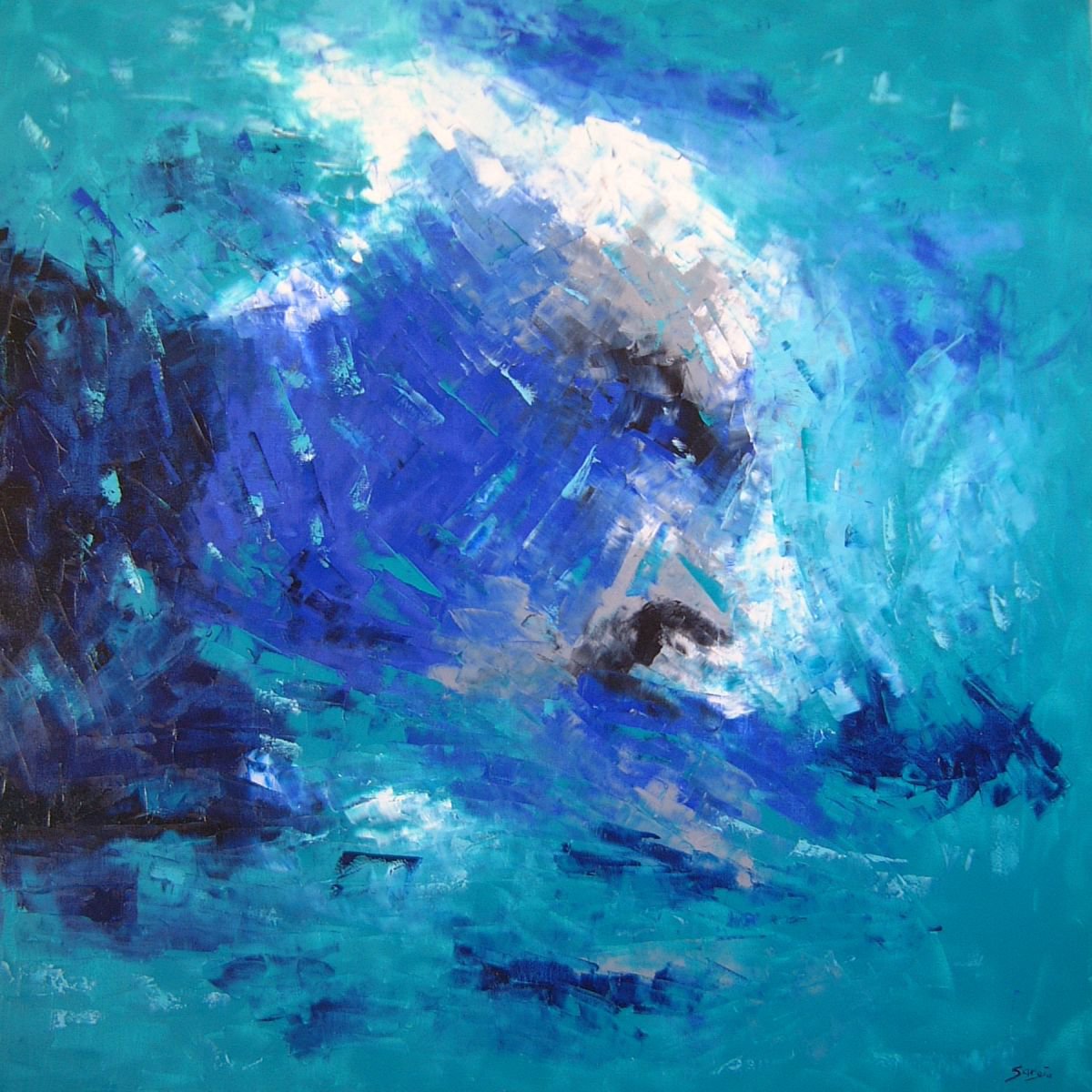 Abstract Landscape Oil Painting By Saroja Van Der Stegen, 41 X 41", Turquoise (Ref#:702-100Q), Original Artwork