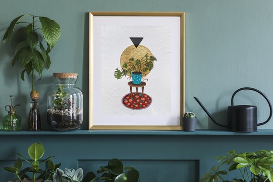 Plants lover's interior - original painting with gold potal on handmade paper