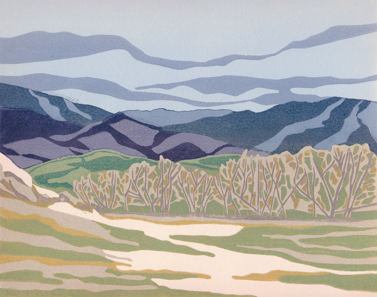 Illustrative Landscape Linocut By Kate Goetz, 13 X 11", Rattler Mountain, Ca, Original Artwork