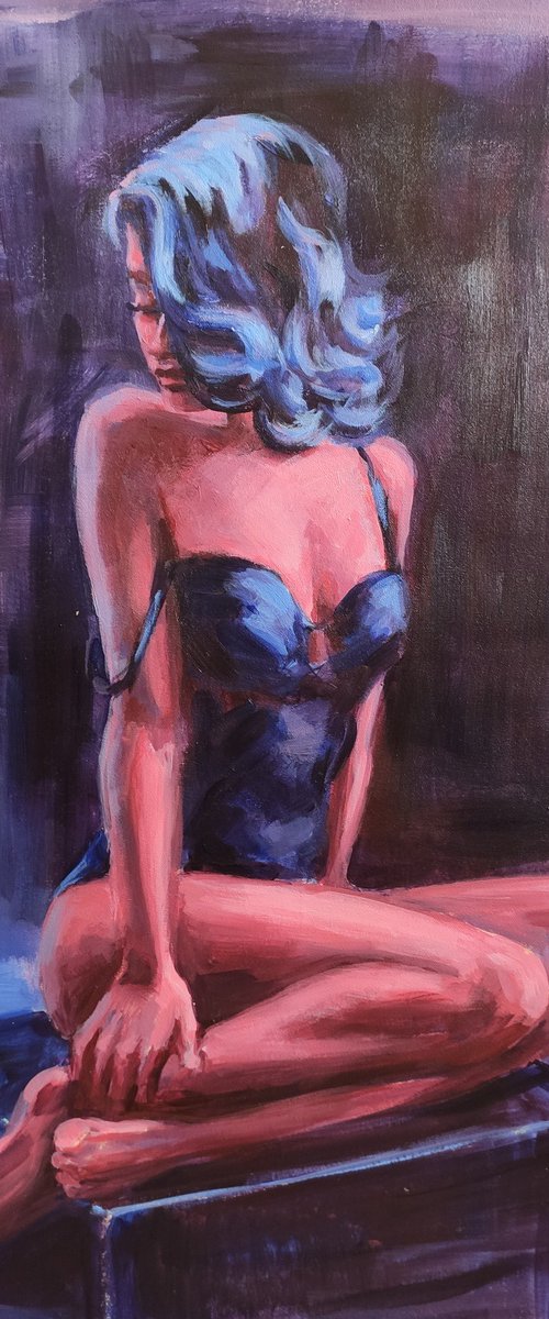 Blue Series Woman in lingerie Sexy girl in the bedroom by Anastasia Art Line