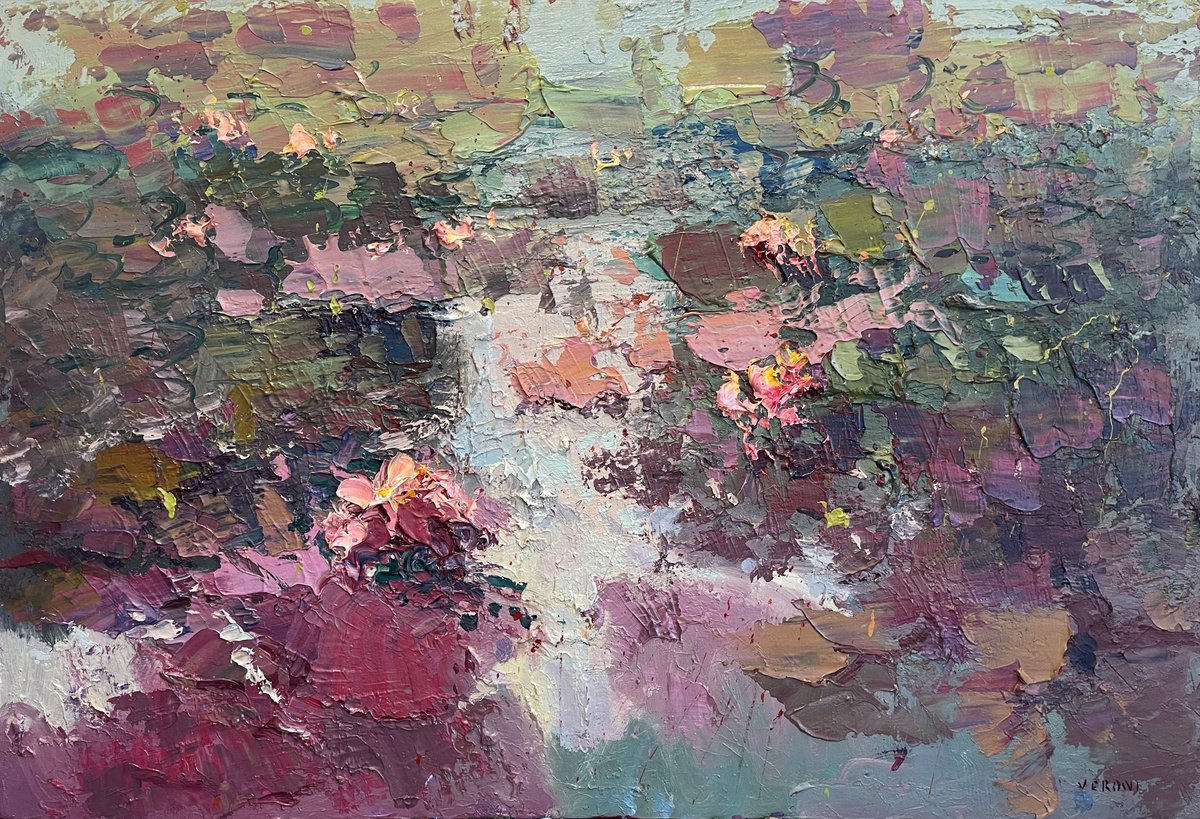 Impressionistic Botanical Oil Painting By Agostino Veroni, 45 X 31, Water Lilies - Modern Floral Artwork, Original Artwork