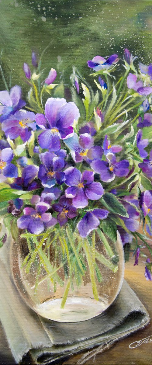 ''Pansies in glass vase'' Painting by Tetiana Tiplova