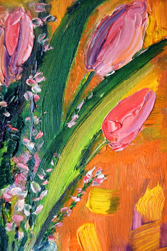 Tulips oil painting, flowers original canvas art, boho home decor