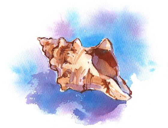 Still life "Summer seashell at the sea" original watercolor painting postcard