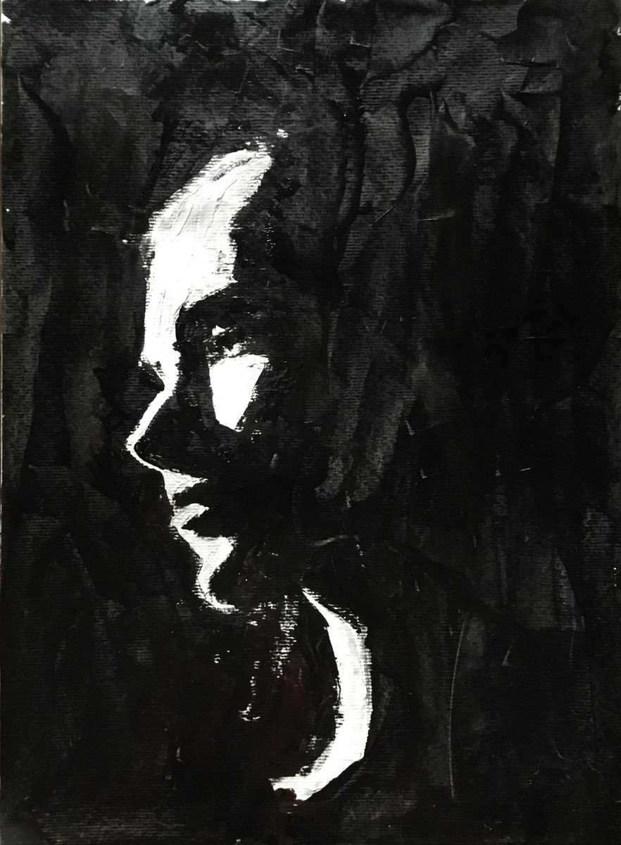 Expressive Portrait Acrylic Painting By Dominique Deve, 12 X 16, Shadows, Original Artwork