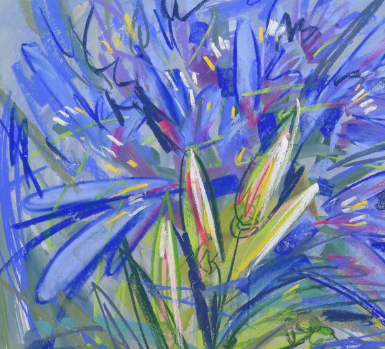 Blue irises and lily