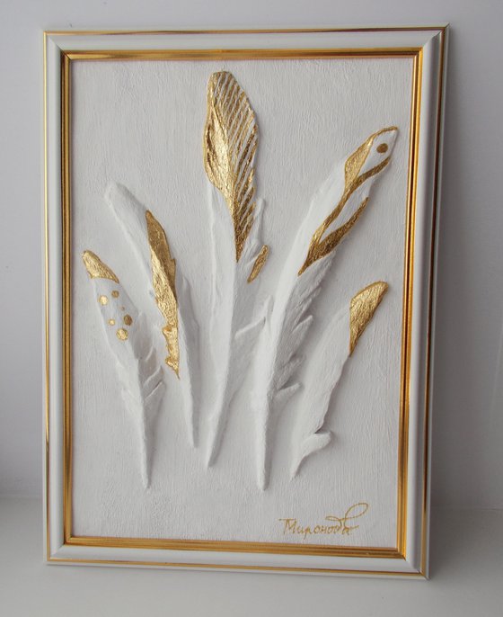 "Golden feathers", sculptural wall  art