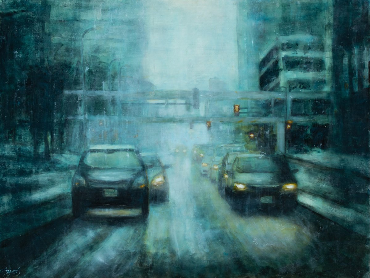 Expressive Cityscapes Oil Painting By Angela Suto, 41 X 31, Frozen, Original Artwork