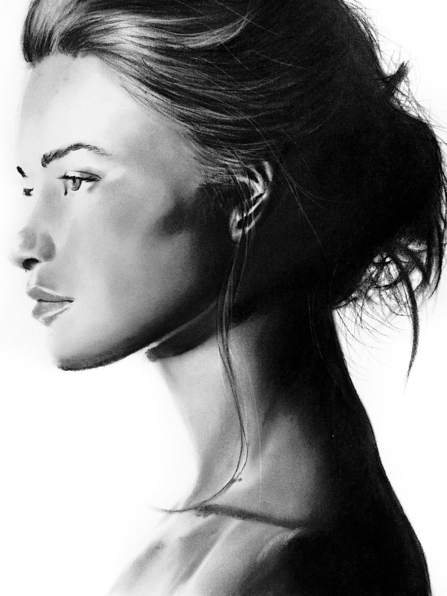 Photorealistic Portrait Charcoal Drawing By Denny Stoekenbroek, 12 X 17, Quiet Resolve, Original Artwork
