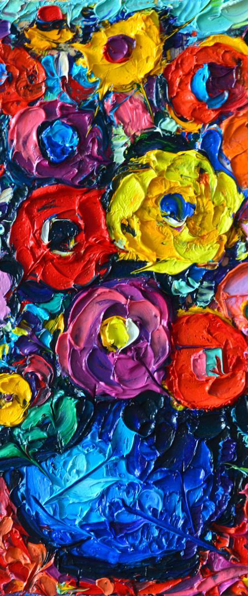 COLOURFUL WILD ROSES 10 - abstract modern impressionist floral miniature palette knife oil painting by ANA MARIA EDULESCU