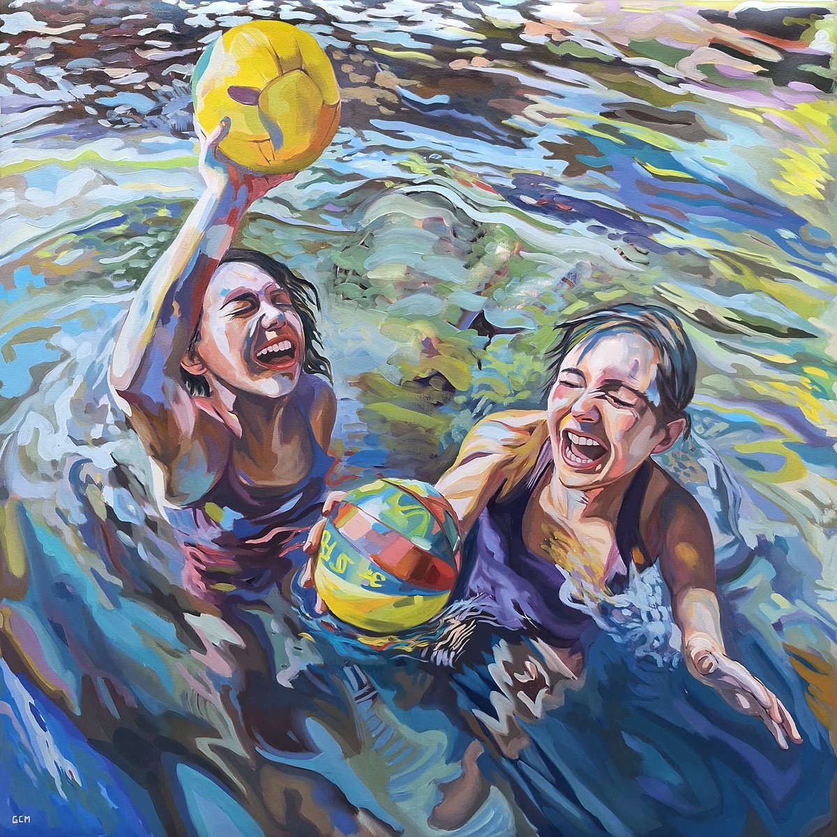 Photorealistic Portrait Oil Painting By Gabriel - Cristian Matei, 35 X 35, Cheerful Water Play, Original Artwork