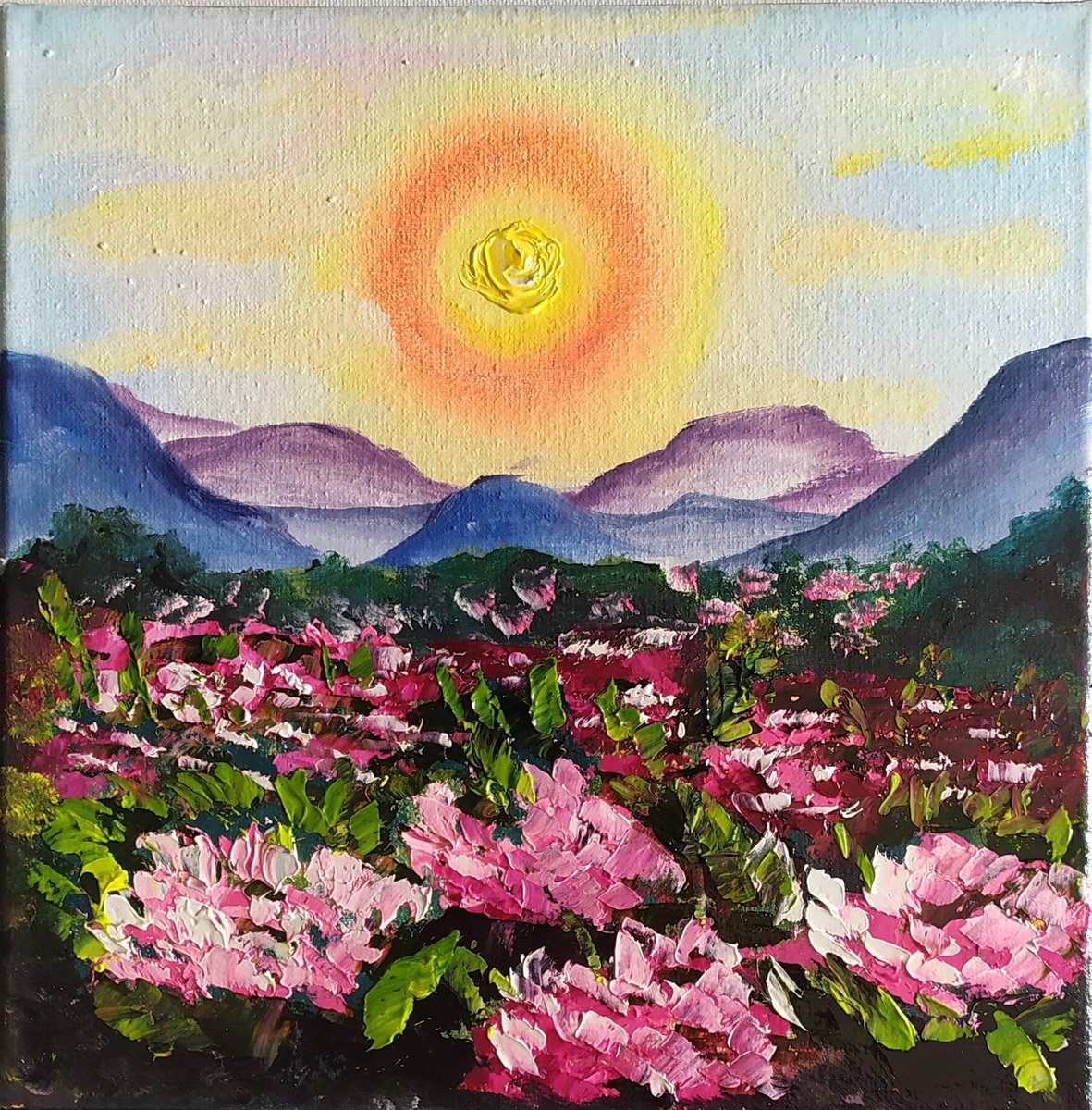 Field with peonies, original small lanscape oil painting, gift idea by Nataliia Plakhotnyk