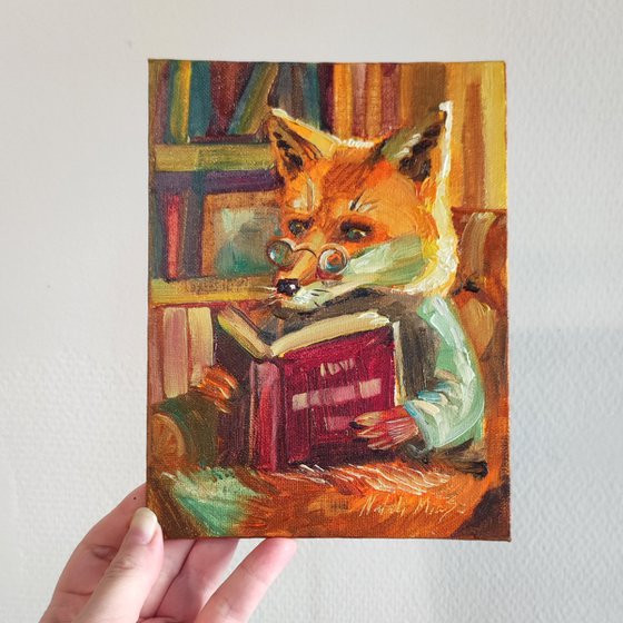 Fox is Reading a Book. Oil Painting